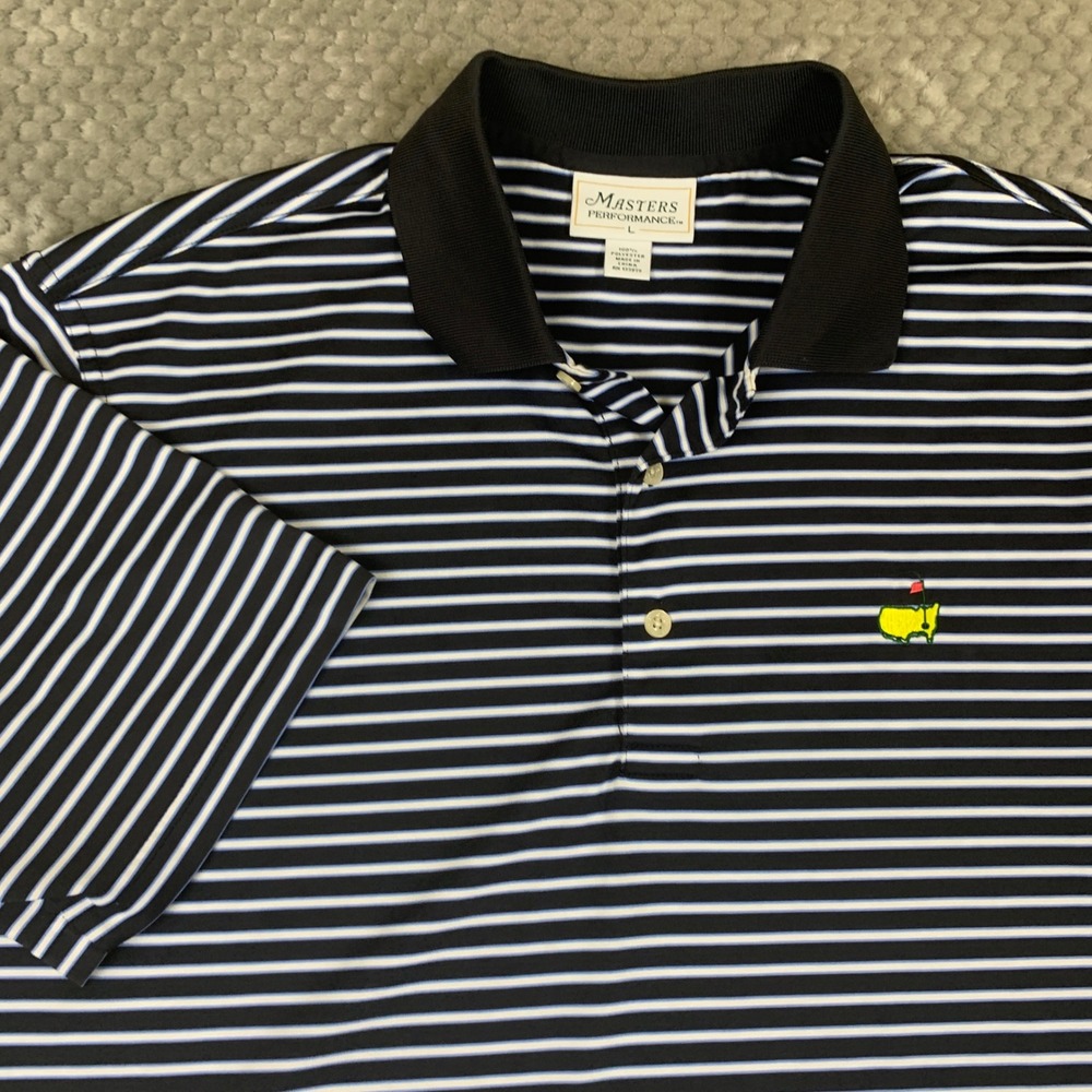 Masters Performance Golf Polo Shirt Mens Large Navy Blue White Striped Logo L